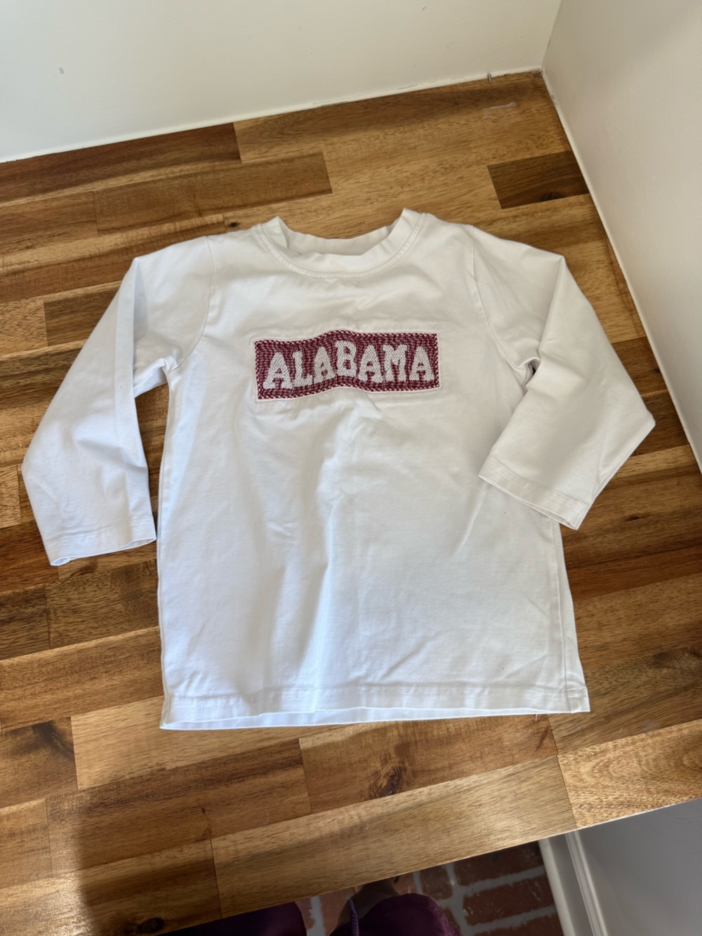 White Kids Long-Sleeve Shirt with Crimson "ALABAMA" Embroidered Graphic